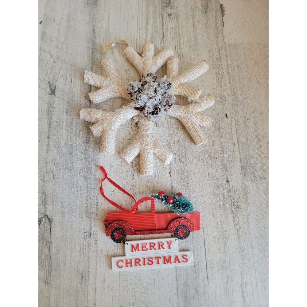 Rustic snowflake pine cone red truck tree set ornament Xmas